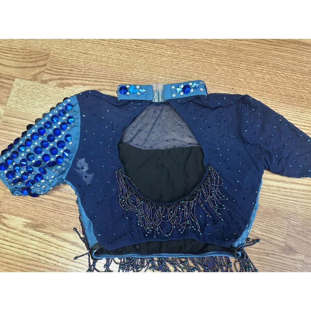 Pre-Owned Dance Costume Large Child Blue Glamour Jazz Tap Clogging Latin Fringe